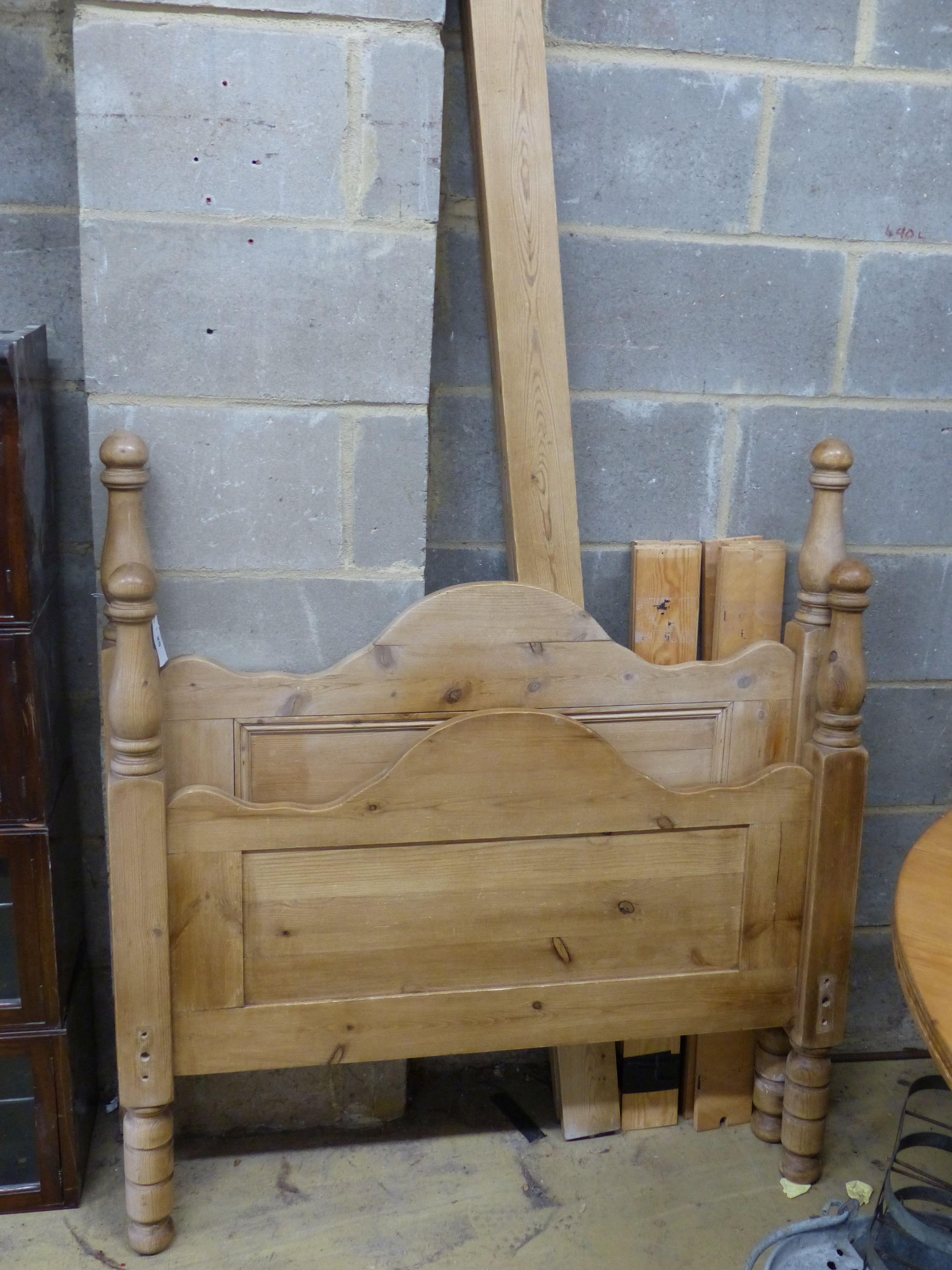 A Victorian style pine single bed frame, width 104cm